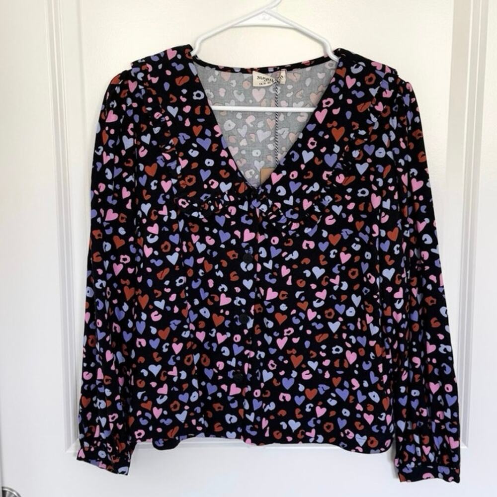 NWT Sugarhill Brighton Henna Frill Blouse Leopard Hearts 6